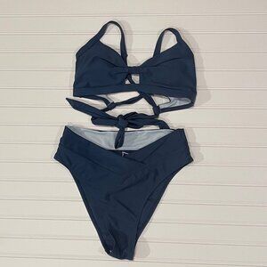Cupshe Women Bikini Swimsuit NWT Medium Blue 2 Piece Wrap Front High Waist Lace